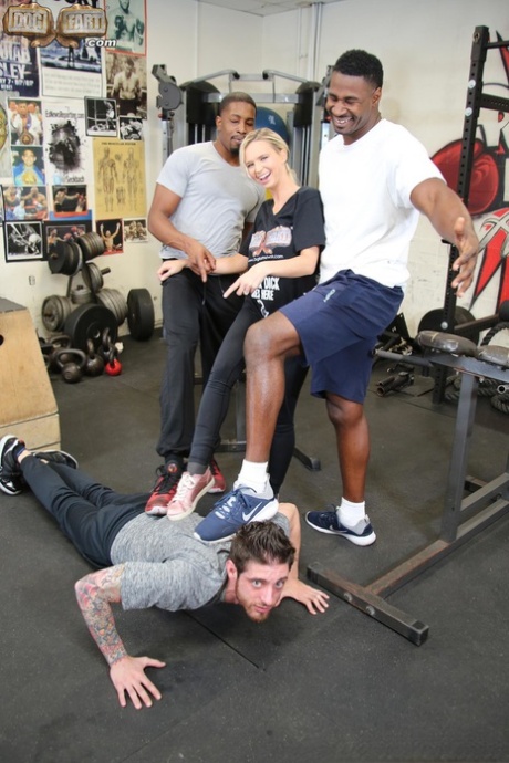 Busty blonde fucks 2 black men while her cuckold has to watch