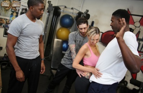 Busty blonde fucks 2 black men while her cuckold has to watch