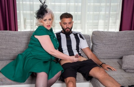 Platinum blonde granny Pure Vicky has sex with a younger man in stockings