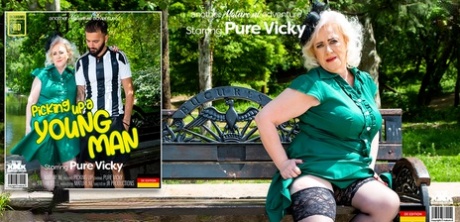 Platinum blonde granny Pure Vicky has sex with a younger man in stockings