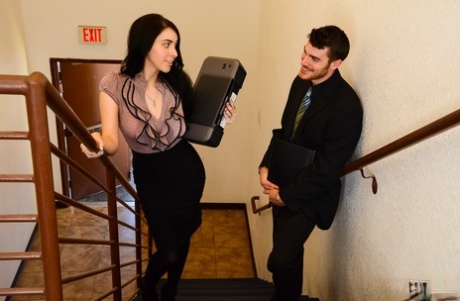Brunette chick Luna C Kitsuen meets a coworker in a hallway before they fuck