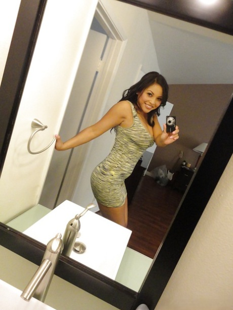 Brunette chick Adriana Luna taking nude selfies in mirror while undressing