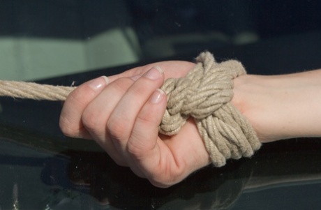 Naked Cherry Torn gets bound to a car & pulled by her big tits in the desert