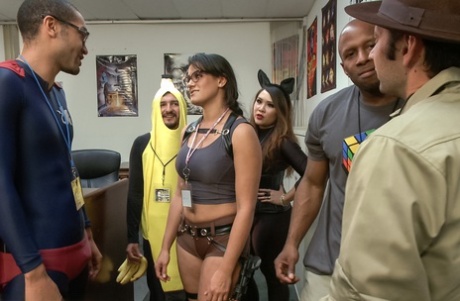 Cutie Penny Barber gets stripped and face fucked by a bunch of perverts