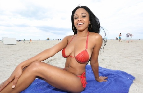 Big titted ebony Anya Ivy removes her bikini and gets rammed on the terrace