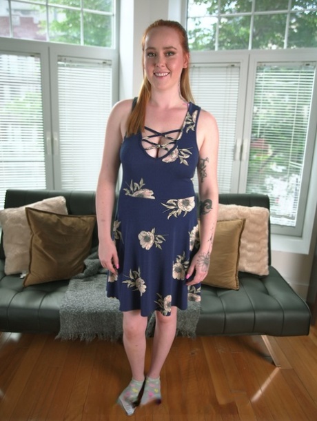 Redheaded babe with pierced big tits Alice W shows her ass to a bald dude